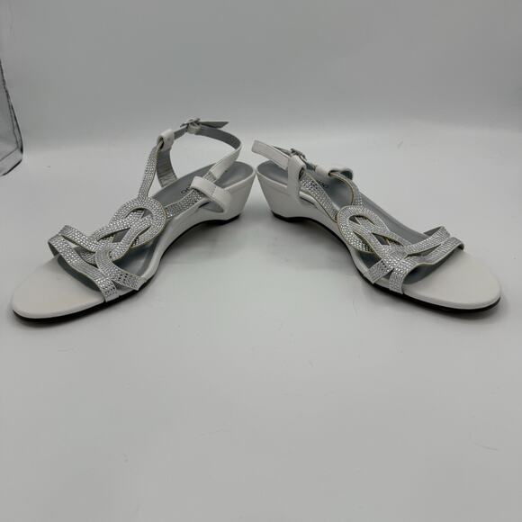 NEW London Fog Macey Demi Wedge Dress Sandal Women 7M White Slingback Rhinestone - Picture 8 of 11